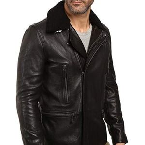 Coach men black leather jacket shearling collar